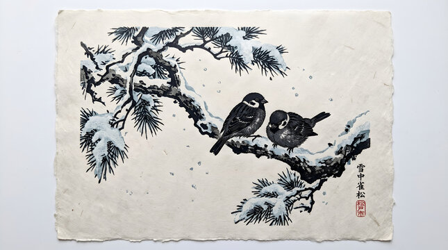Two small sparrows perch together on a snow-covered pine branch.