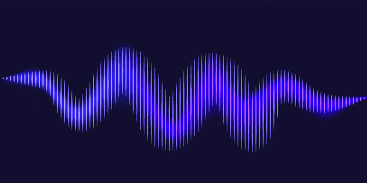 Sound wave line background, abstract colored equalizer with light effect, voice audio assistant, purple energy pulse beat. Vector soundwave illustration.