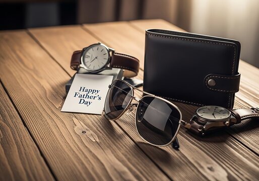 Men's accessories still life watch wallet sunglasses and note on wood