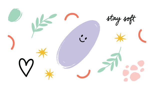 Purple oval with smiley face and stay soft text surrounded by colorful shapes