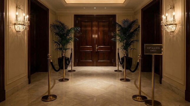 A luxurious hotel hallway featuring a VIP access only sign and golden stanchions with velvet ropes leading to elegant double wooden doors.