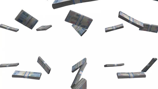 Madagascar Money, Malagasy Ariary Banknotes Falling, MGA Currency Stacks, White Background, 4K