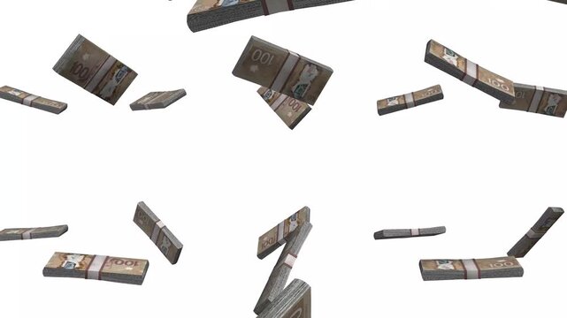 Canada Money, Canadian Dollar Banknotes Falling, CAD Currency Stacks, White Background, 4K