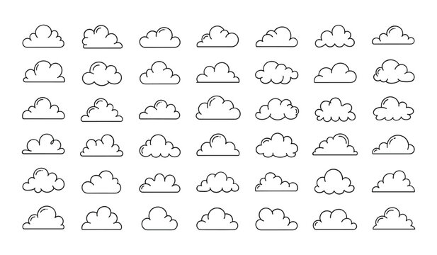 Collection of simple black line of various cloud shapes clouds white