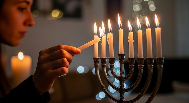 Woman lighting hanukkah menorah with candles in a dark room