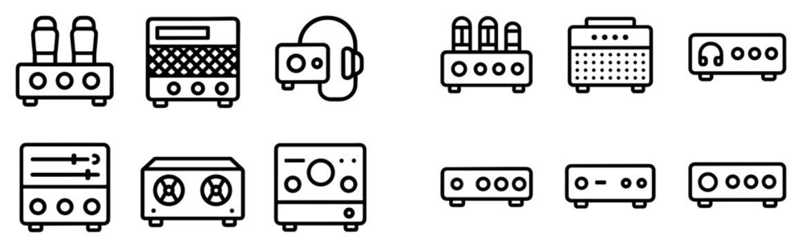 Audio icons with amp headphones pedals outline
