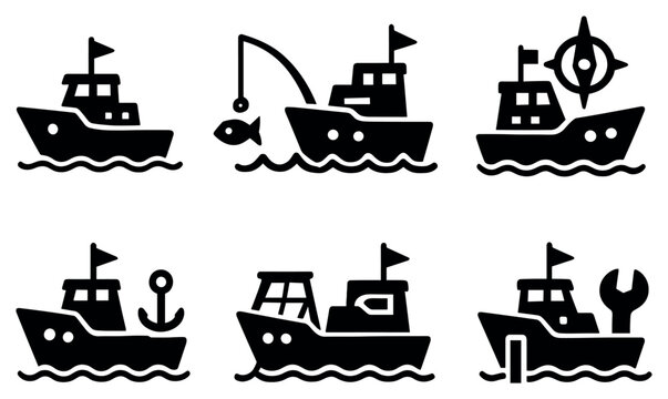 Nautical icons with boat flag anchor solid