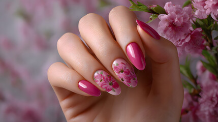 Fototapeta premium Pink floral manicure close up, Glossy almond nails with blossom art, Female hand near spring flowers, Beauty salon concept, Soft pastel background, Selective focus
