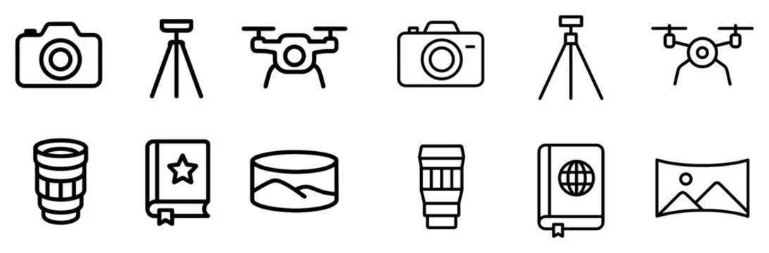 Photography icons with camera tripod drone outline flat