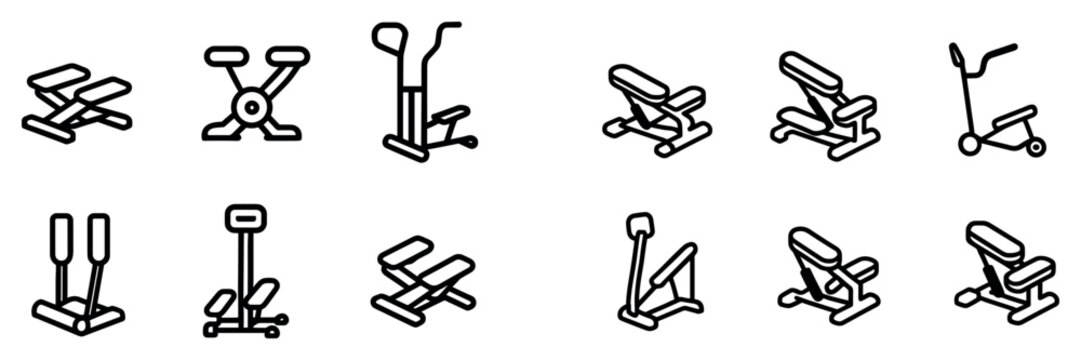 Fitness icons with bike stepper elliptical outline