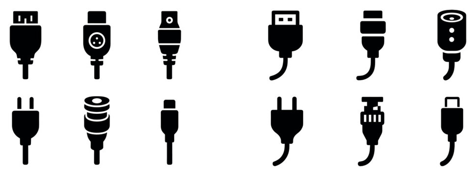 Cable icons with usb plug charger flat