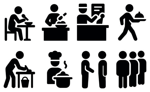 Restaurant icons with chef waiter and bowl solid glyph