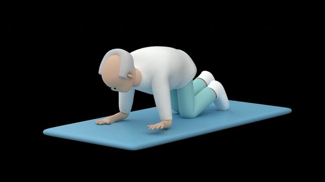 Animation of an elderly man doing a quadruped opposite arm and leg extension on a mat, 3d render with an alpha channel.