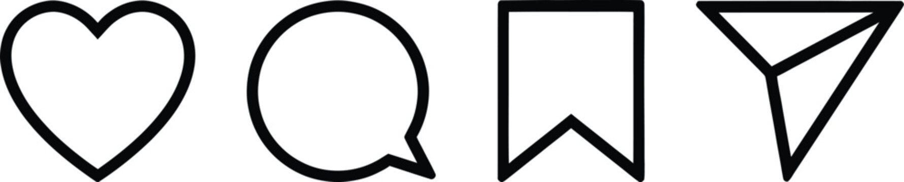 Icons like comment, share, save, like media button. Outline icon heart arrow direct message interface message minimalist. Instagram social media like comment share save icon collection in line style. 