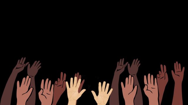 Diverse Hands Raised in Unity and Celebration Animation on Black Background with Copy Space