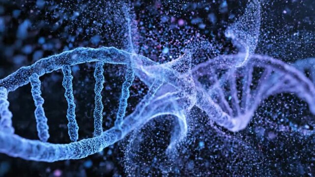 Molecular animation of a blue DNA helix dissolving into particles