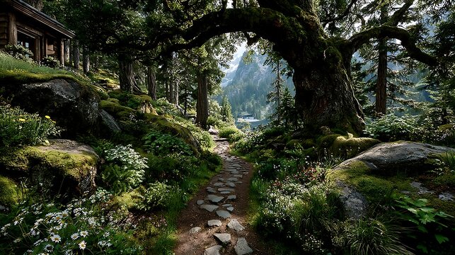 Winding dirt trail through lush green moss forest wallpapers