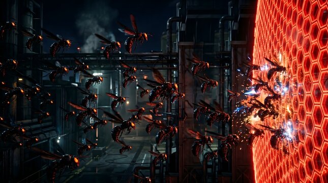 Swarm of futuristic robotic wasps attacking a glowing red hexagonal energy shield in a dark industrial factory setting at night, cinematic 3D render, science fiction concept art.