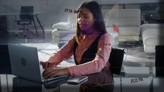 Manager typing laptop closing laptop and leaving after reviewing business data with HUD overlays