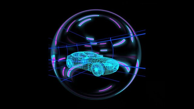 Magenta beams sweeping from right starting scan, cyan wireframe car floating in holo sphere