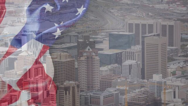 Start sheer US flag overlay appearing and rippling over city skyline creating patriotic contrast