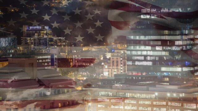American flag overlay appearing, waving and shifting opacity over night skyline, evoking patriotism