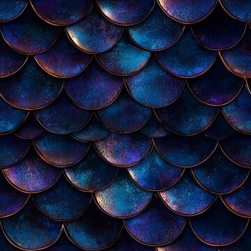 Seamless pattern of dark bioluminescent mermaid scales capturing deep ocean mystery.