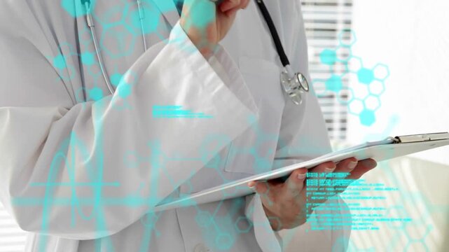 During medical exam doctor documenting patient data, touching stethoscope, cyan overlay over hands