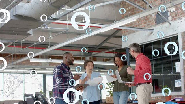 Left man gesturing tablet starting business review, team scanning docs floating head icons drifting