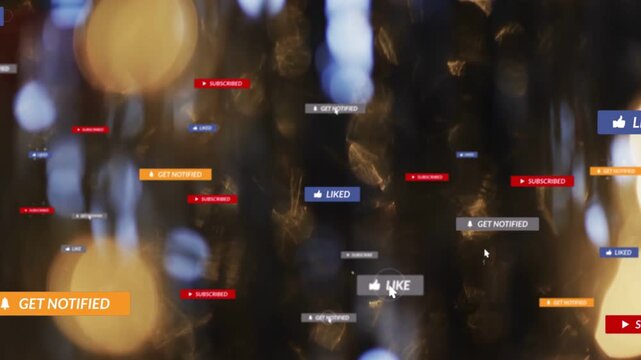 Cursor clicking, social badges multiplying, pulsing across blurred bokeh, showing engagement