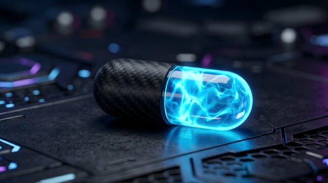 Futuristic 3D Illustration of a Carbon Fiber Medical Capsule with Glowing Blue Energy Plasma on a High-Tech Dark Surface