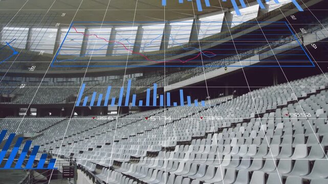 Data feed starting, stadium seating hosting sports HUD, grid aligning, bars rising, donut drifting