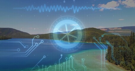 Obraz premium Hovering digital circular interface overlaying center of lake, showing HUD and pine peninsula
