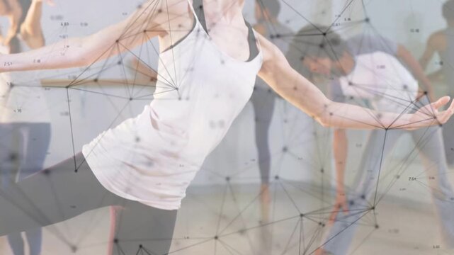 On instructor cue class balancing single-leg while node overlay and red bars guiding form fitness