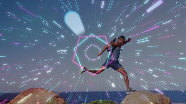 Runner approaching cliff, pushing off, crossing gap, neon pentagon streaks pulsing around for sport