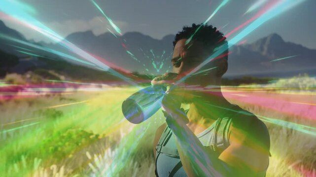 Hiker drinking from blue bottle on plain causing radial streaks on bottle pulsing fading for health