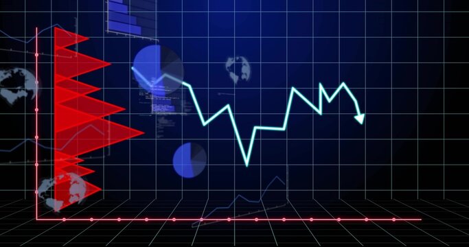 Displaying cyan jagged line chart plunging with down-arrow across 3D dashboard, with pink nodes