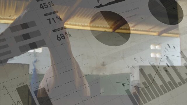Reflection raising phone causing horse entering left moving and turning in barn with charts lasting