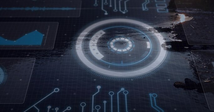 Projecting concentric circular HUD glowing and reflecting on wet paved edge, with grid chart