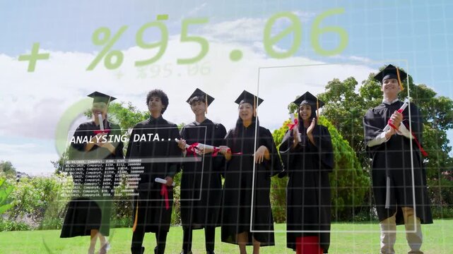 Grads celebrating diplomas starting cap toss after one stepping forward, HUD overlay analysing data