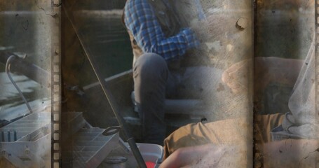 Naklejka premium Fishing two men wearing blue plaid, grey top in small boat, handling tackle box, filmstrip borders