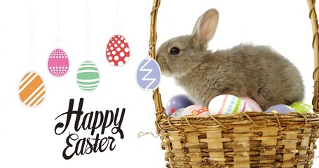 Naklejka premium Sitting brown rabbit nesting eggs in basket at studio, ornaments, Happy Easter text, copy space