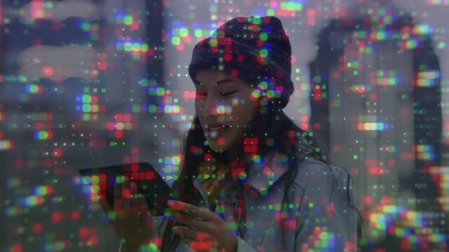 Lady glancing at tab raising phone tapping and laughing reacting to IT post while glitch overlaying