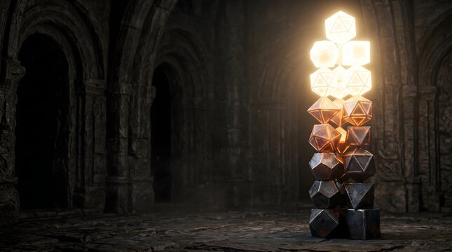 A stack of glowing polyhedral RPG dice in a dark, ancient stone dungeon. The top dice emit a bright golden light, illuminating the mysterious temple arches.