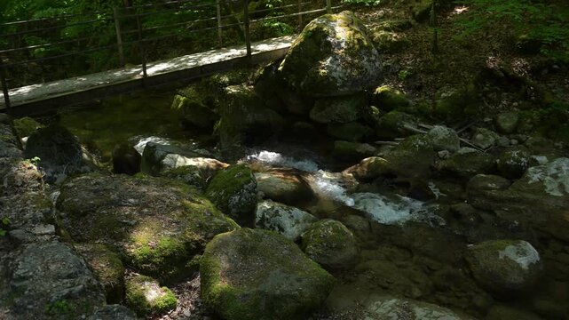 Twannbach Gorge, Switzerland - Clear woodland creek with dappled sunlight, boulders, and a footbridge in the background.