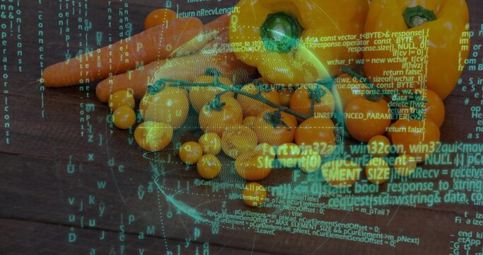 Showing orange bell pepper, cherry tomato vine and carrots on dark board, with teal code globe