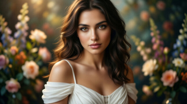 Digital painting with photographic rendering of a beautiful forest maiden in a corset-style bodice