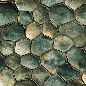 Seamless pattern of hexagonal olive turtle shell scutes showing a hard organic texture.