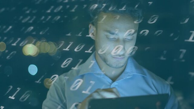 Tech analyst leaning over tablet, glow drawing focus, tapping, pausing and analyzing binary overlay