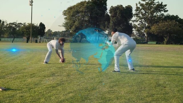 Left fielder picking up cricket ball, throwing to right fielder training with blue globe overlaying
